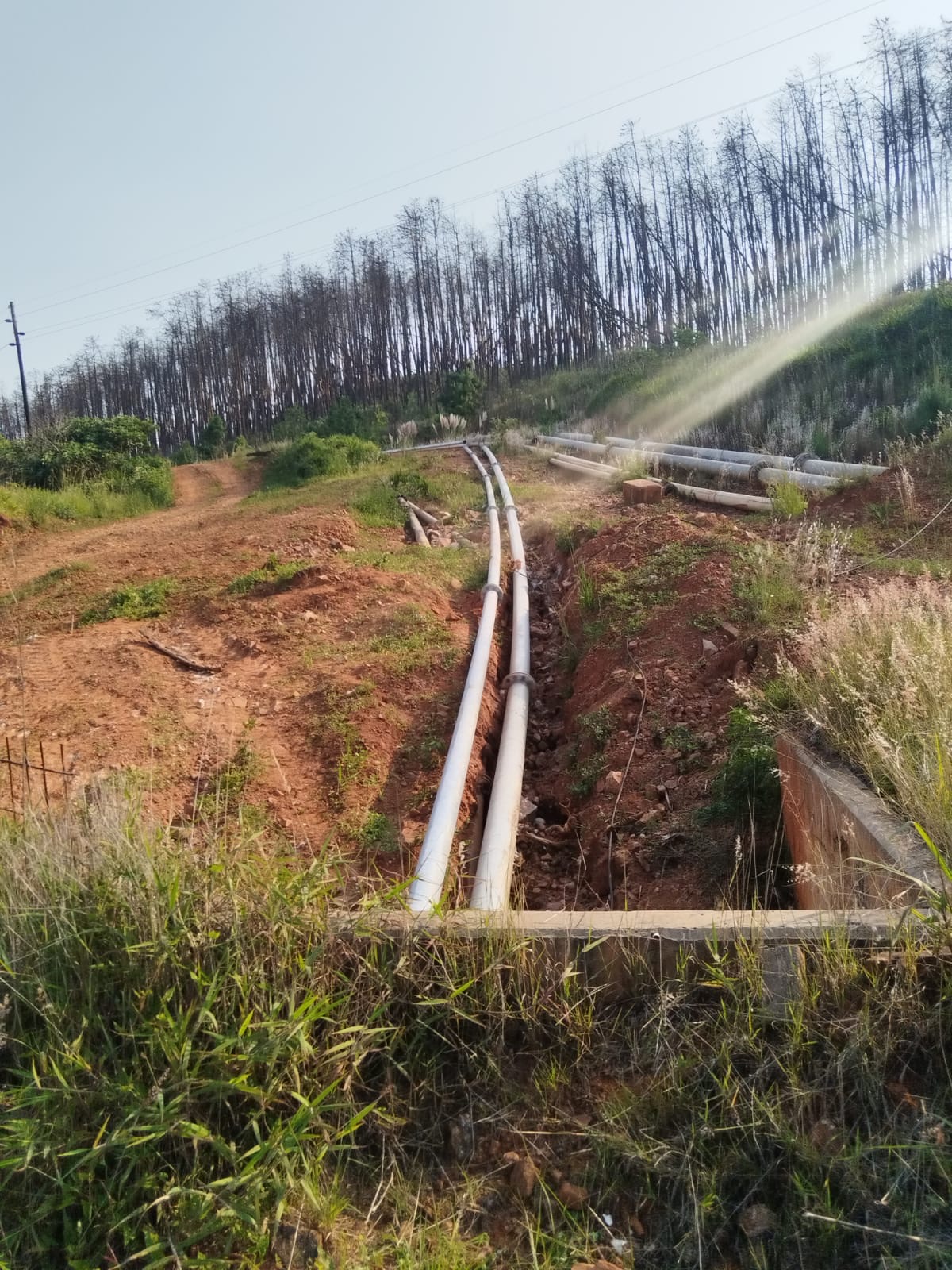 Twin slurry pipelines laid in a trench on a hillside mining route